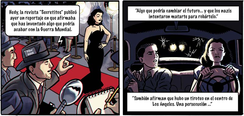 Objetivo Hedy Hamarr es un cómic de espionaje lleno de acción y ciencia. Dibujado por Ángel Muñoz, con guión de Ricardo Bilbor y color de Abel Pajares