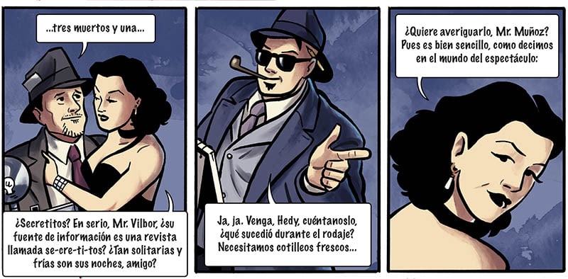 Objetivo Hedy Hamarr es un cómic de espionaje lleno de acción y ciencia. Dibujado por Ángel Muñoz, con guión de Ricardo Bilbor y color de Abel Pajares